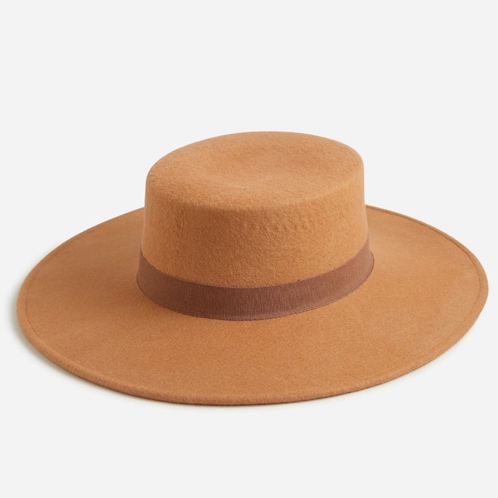 J.Crew NWT Contoured-Crown Wool Boater Hat Honey Brown Adobe Suede Ribbon - Picture 4 of 4